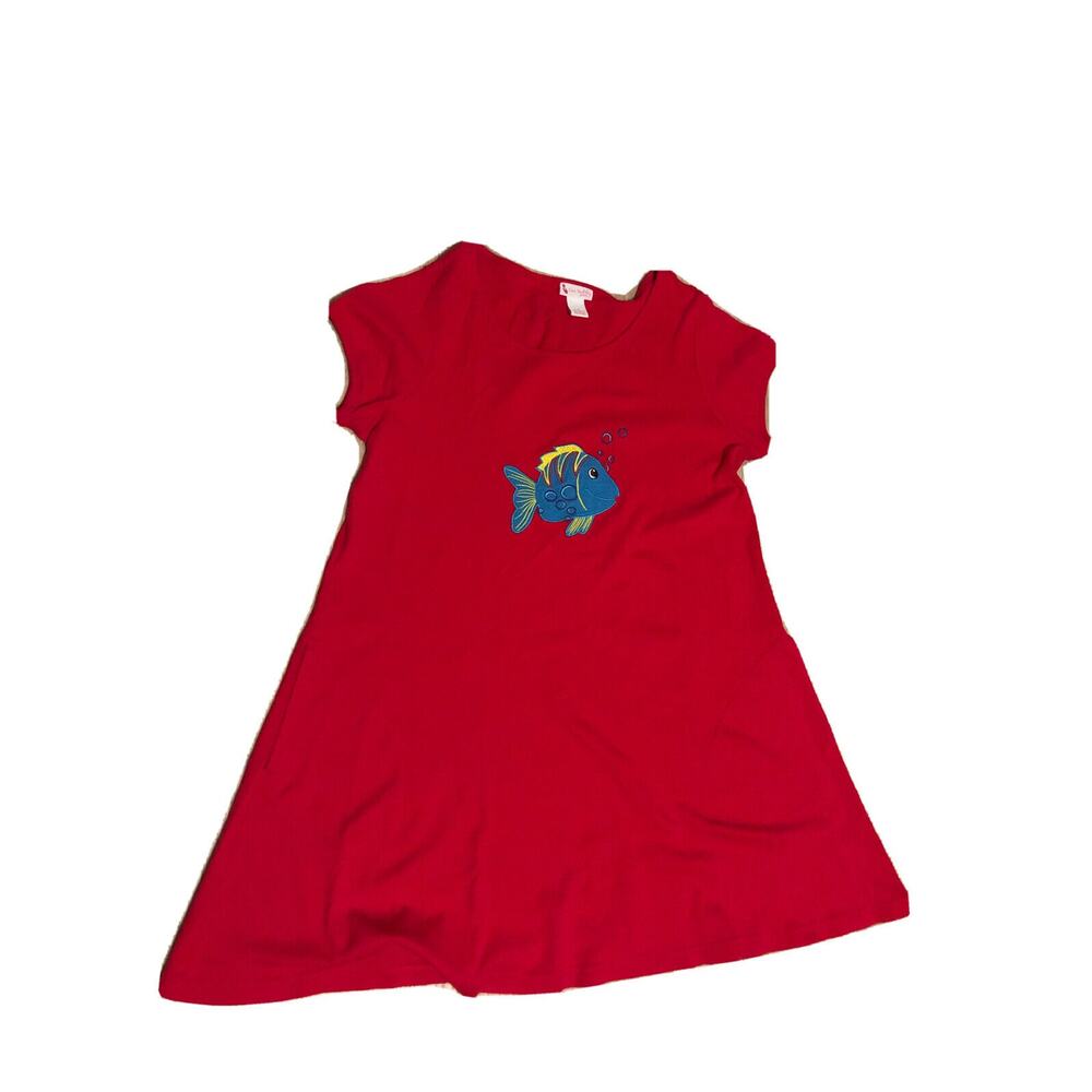 Go Softly Patio Dress fish embroidery medium red cotton Knee Length Cute.